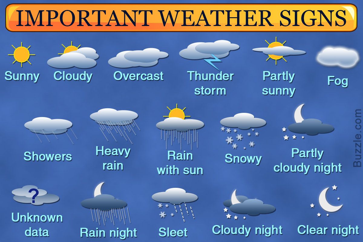 Illustrations of different weather conditions like sunny, rainy, snowy